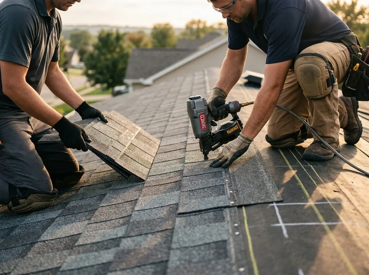 Professional roofer working on a residential roof in Estero